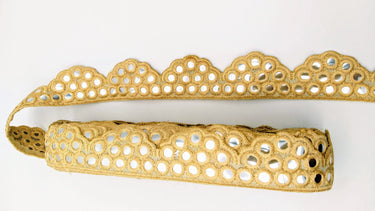 Beige Mirror Trim, Kutch Embroidered Navratri Garba Dress Trim Bridal Lace, Indian Sari Border 40 mm Wide Trim Per Yard